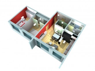 Rendering of a roofless model showing an apartment interior